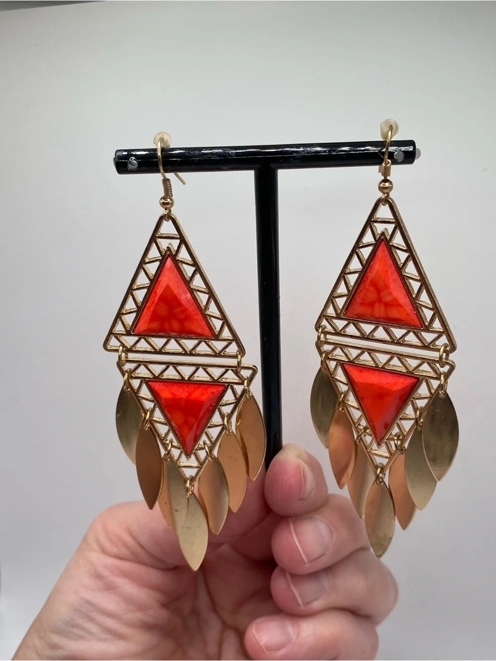 Bohemian Gold-Tone Red Triangle Dangle Earrings